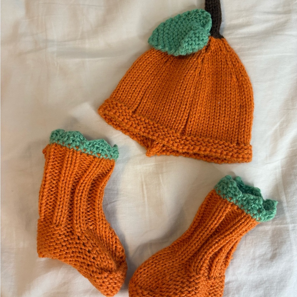 Orange and Green Knit Pumpkin Hat and Socks Set